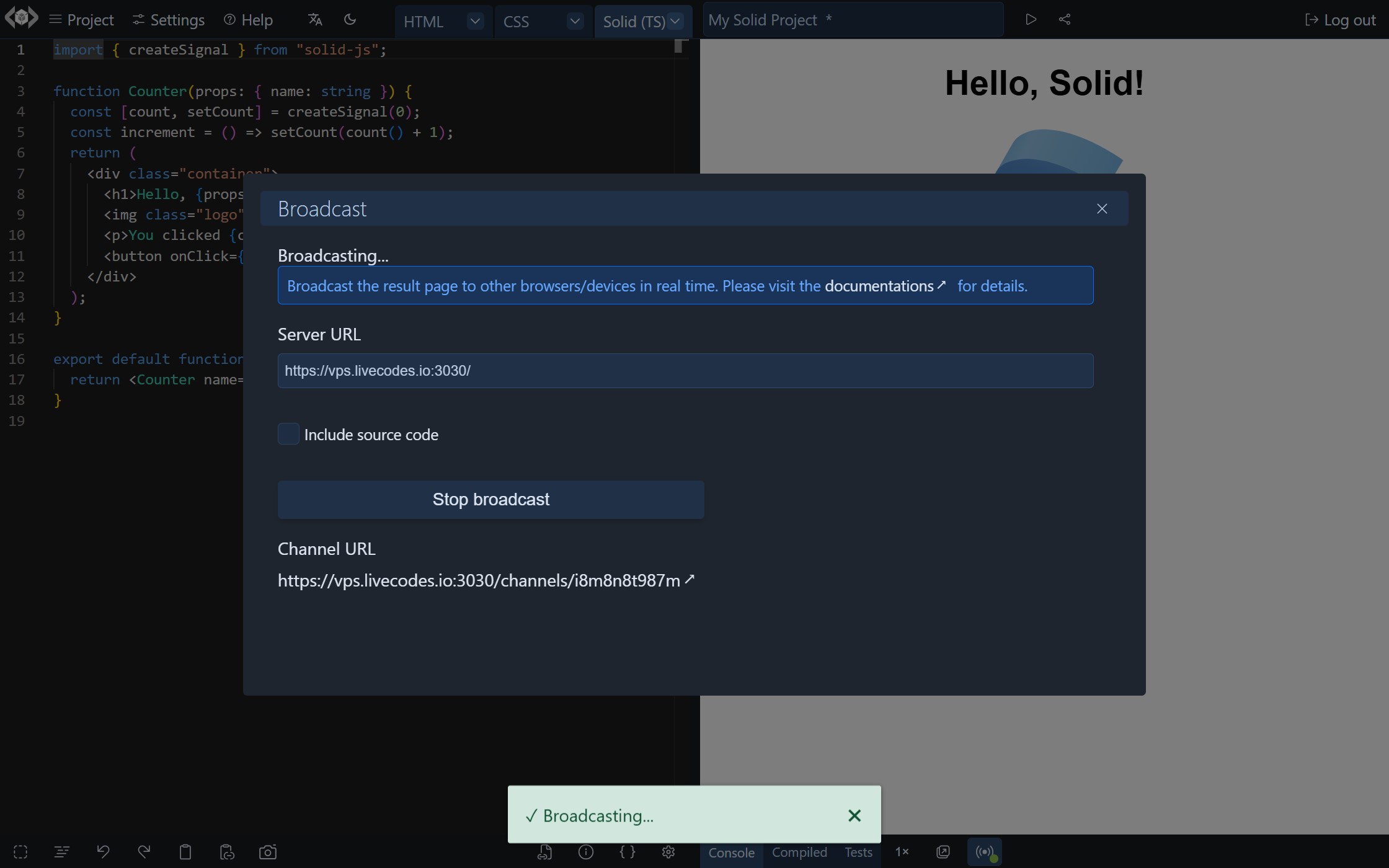 Broadcast UI - broadcasting